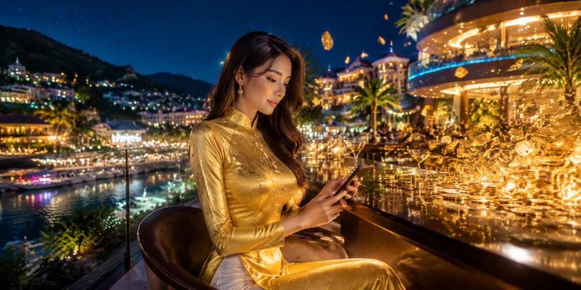 Phụ nữ tại Sapa mặc áo dài dùng điện thoại chơi casino và kiểm tra giao dịch thanh toán